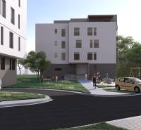 Building in Galanta, surroundings with people, cars, and a playground, offering a 2-room apartment.