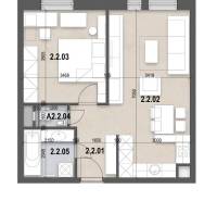 Floor plan of a 2-room apartment with a living room, kitchen, and bathroom.