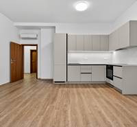 A kitchen in a 4-room apartment with a wooden decor floor and a gray kitchen unit.
