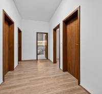 A hallway in a 4-room apartment with doors and flooring featuring a wood decor.