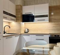 A kitchen in a 2-room apartment with white cabinets, a black sink, and a wooden-patterned floor.