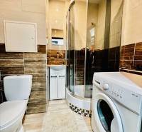 Bathroom with a washing machine, shower, and beige walls of a studio apartment.