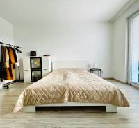 A simple bedroom in a one-room apartment with a bed, wardrobe, and wooden decor flooring.