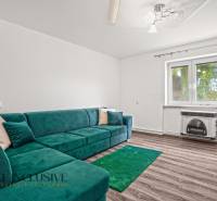 Living room in a family house with a turquoise sofa and a wooden decor floor.