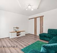 Interior of a family house with a wooden decor floor, green sofa, and table.