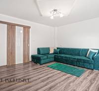Living room in a family house with a sofa and wood-patterned flooring.