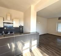 Kitchen and living room with wood-patterned flooring in a family house.