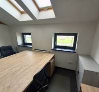 Offices with wood-patterned flooring, skylights, and desks.