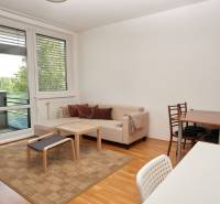 Living room with a sofa, dining table, and wood-patterned flooring in a two-room apartment.