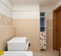 Bathroom with a washing machine, tiles with a plant pattern, cabinet with a floral motif, 2-room apartment.