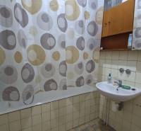 Bathroom in a family house, bathtub with a curtain, sink with soap, and mirror.