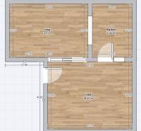 Floor plan of a family house with two rooms and a balcony. Floor with wooden decor.