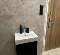 A bathroom in a studio apartment with a sink and dark tiles on the wall.