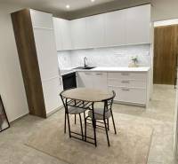 A kitchen in a studio apartment with white cabinets and a dining table.