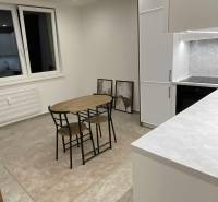 A kitchen in a studio apartment with a dining table, cabinets, and decorative paintings on the wall.