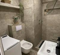 A bathroom in a studio apartment with glossy tiles, a washing machine, and a shower corner.