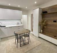 A kitchen in a studio apartment with white furniture and a wall with a wooden decor.