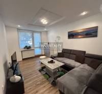 Living room in a two-room apartment, wooden decor flooring, gray sofa.