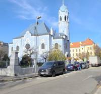 The Blue Church on Bezručova Street in Bratislava, Old Town, sunny day.