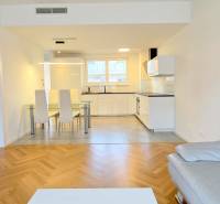 Kitchen with dining area and sofa, wooden decor flooring, 2-room apartment.