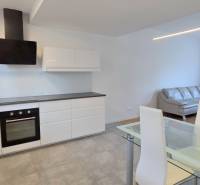 Kitchen and living room in a 2-room apartment with a wood-patterned floor and a gray sofa.