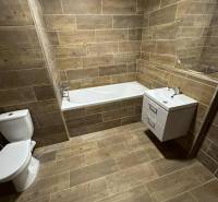 Studio apartment: Bathroom with a bathtub, toilet, and sink, floor with wood decor.