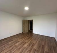 Two-room apartment with white walls and wood-patterned flooring, open doors.