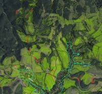 Aerial map of agricultural and forest lands around Poniky with divided parcels.