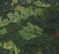 Aerial map of agricultural and forest lands around Poniky with marked boundaries.