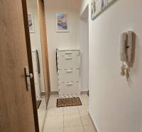 A hallway in a 3-room apartment with tiles and a mirrored wardrobe on the wall.