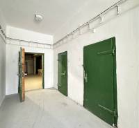 Commercial premises with white walls and green doors, entrance door.