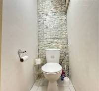 A bathroom in a studio apartment with tiles resembling stone.