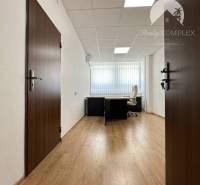 Offices with wood-patterned flooring, doors, and ceiling lights.