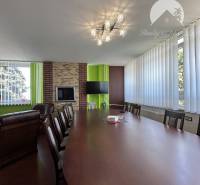 Conference table and chairs in an office with wood-patterned flooring.