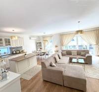 Living room with a sofa, kitchen, and wood-patterned flooring in a family house.
