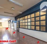 Interior of commercial spaces with tiling, glass walls, and lighting.