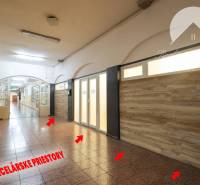 Interior of commercial spaces with a stone floor and a wall with wooden decor.