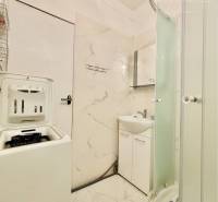 Bathroom in a 2-room apartment with a washing machine, shower, and white sanitary ware.