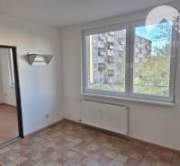 A room with tiled flooring and a spacious window in a studio apartment, next to a floor with a wooden decor.