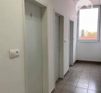 Commercial space with tiles, white doors, and a window, bright room.