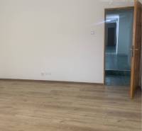 Interior with wood-patterned flooring and open doors in warehouse and hall spaces.