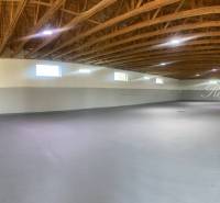 Interior in warehouses and halls with light walls and wooden ceiling.