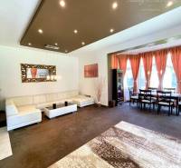 Living room with carpet decor, sofa, and dining table in a family house.