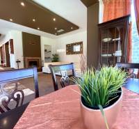 Interior of a family house with a plant on the table, elegant lighting, and curtains.