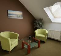 A lit room in a family house with two green armchairs and a glass table.