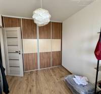 A room in a four-room apartment with wooden flooring, a built-in wardrobe, and a white light fixture.