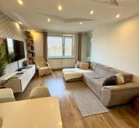 Living room in a 4-room apartment with a comfortable sofa and a TV on the wall.