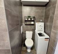 WC with a washing machine in a 4-room apartment, tiled with gray tiles and storage cabinets.