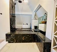 A bathroom with a shower, marble tiles, a stylish light fixture, located in a family house.