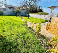 Lawn with a path and trees; the garden is complemented by a terrace area and a family house.